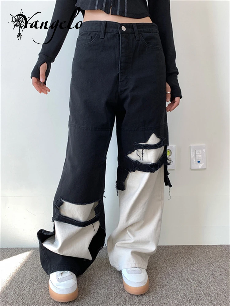 

Yangelo Y2K Street Grunge Black White Trousers Gothic Holes Make Old Contrast Home Two High Waisted Straight Jeans 2023