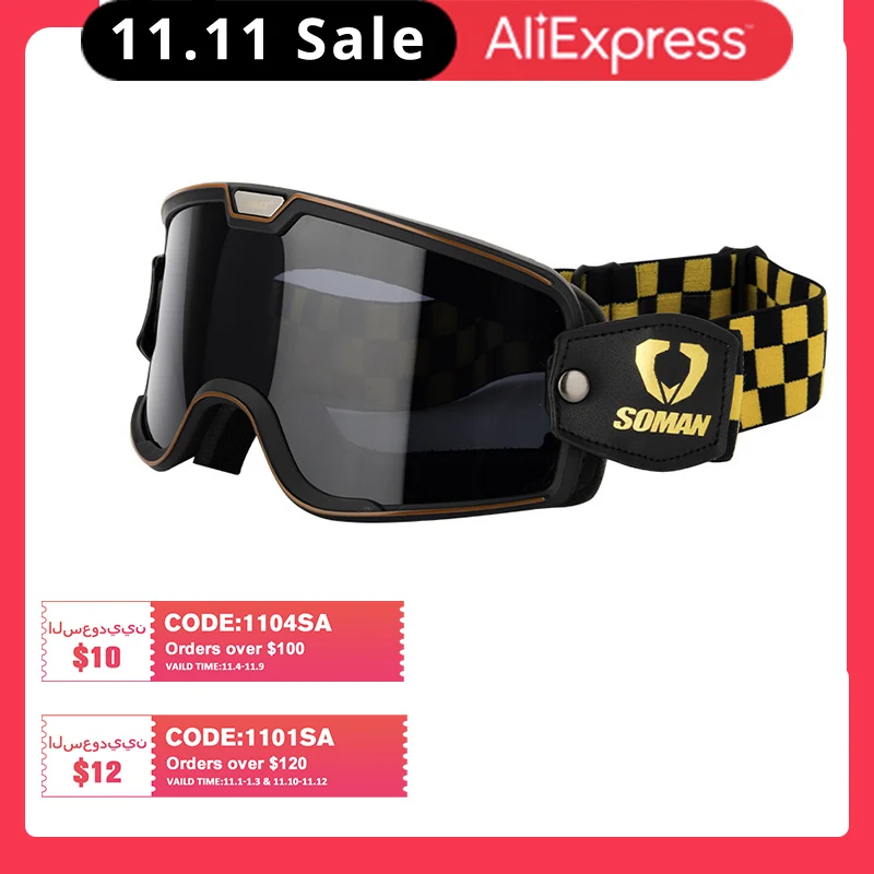

SOMAN Retro Goggle Men Women Motorcycle Outside Riding Motocross Off Road Downhill Four Season Powersport Dirt Bike T5