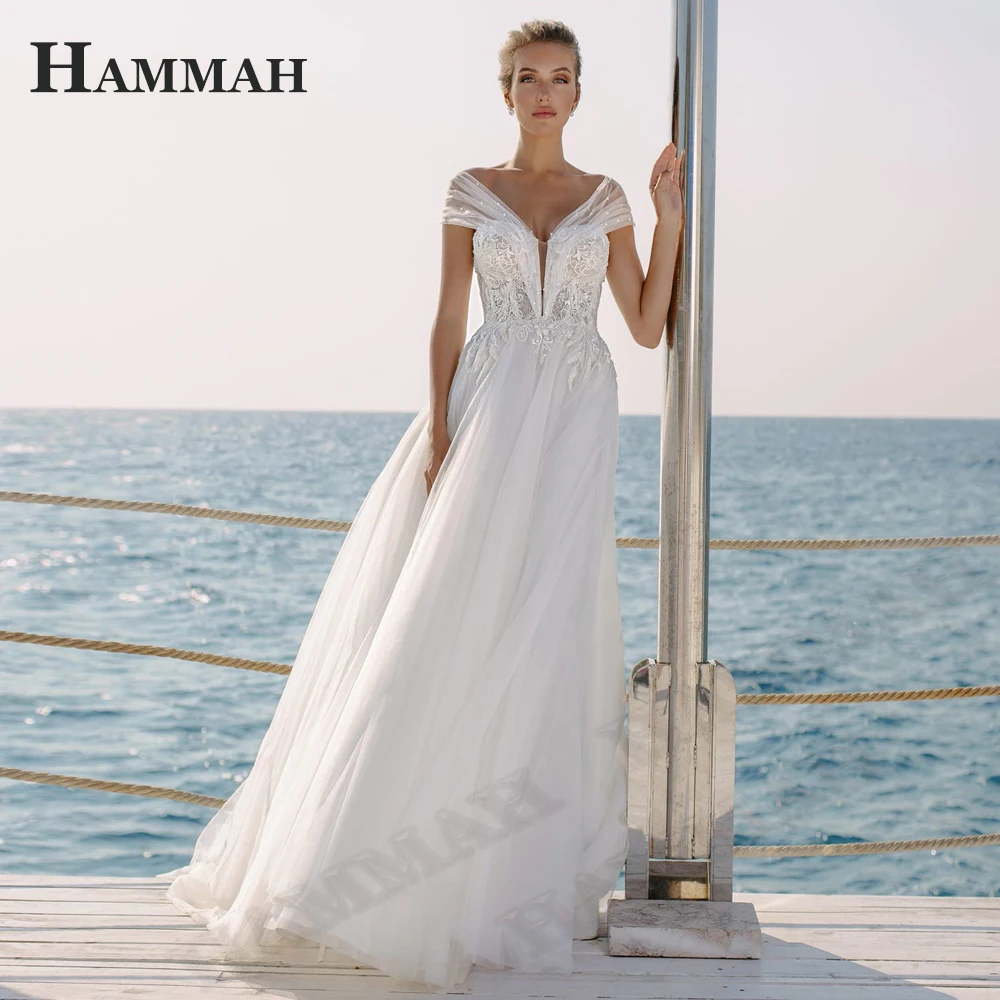 

HAMMAH V Neck Wedding Dresses For Women Appliques Court Train Lacing Up Off The Shoulder Robe De Soirée De Mariage Personalised