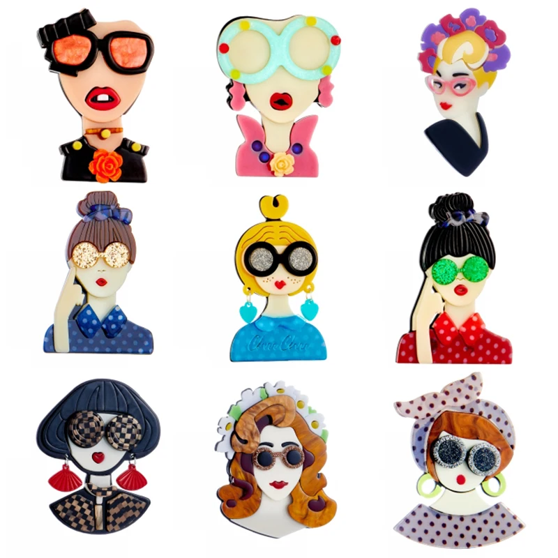 YAOLOGE Cartoon Lovely Figure Acrylic Brooches For Women Kids Cute Wear-Glasses Girl Badge Lapel Pins Fashion Party Jewelry Gift
