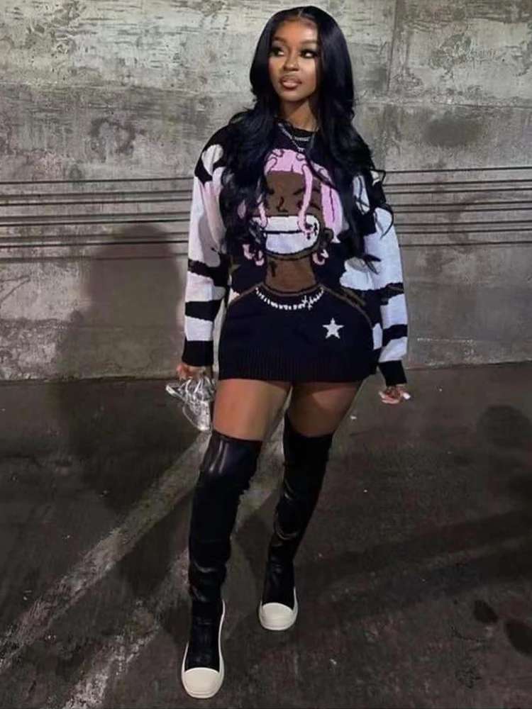 

Autumn and Winter Character Print Sweater for Women Round Neck Long Sleeve Loose Sweatshirt Casial Fashion Color Block Pullovers