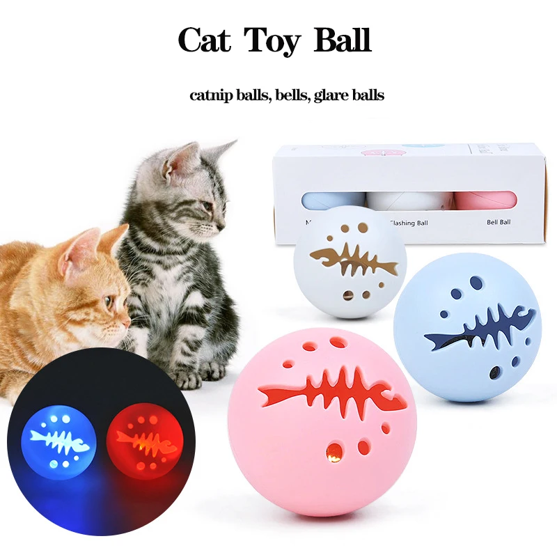 

3pcs/set Cat Toy Ball Pet Molar Chew Toys Catnip/Bell/Glow Kitten Toy Fish Bone Funny Cat Ball Interactive Toys Pet Supplies