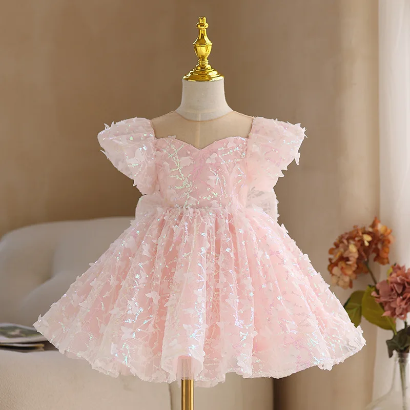 Brand Baby Girls Butterfly Sequins Dresses Children Royal Lolita Princess Ball Gown Kids Birthday Dress Infant Boutique Clothes