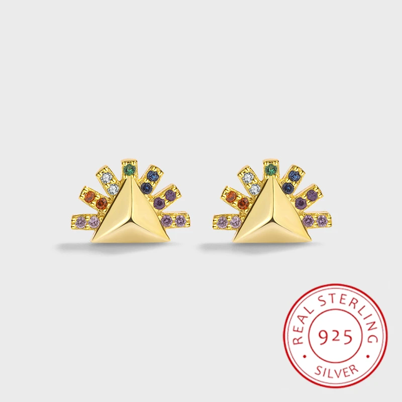 

New Fashion Rainbow Triangle Rotating Gold Color Ladies Stud Earrings S925 Original Authentic Sterling Silver Lover Jewelry Gift