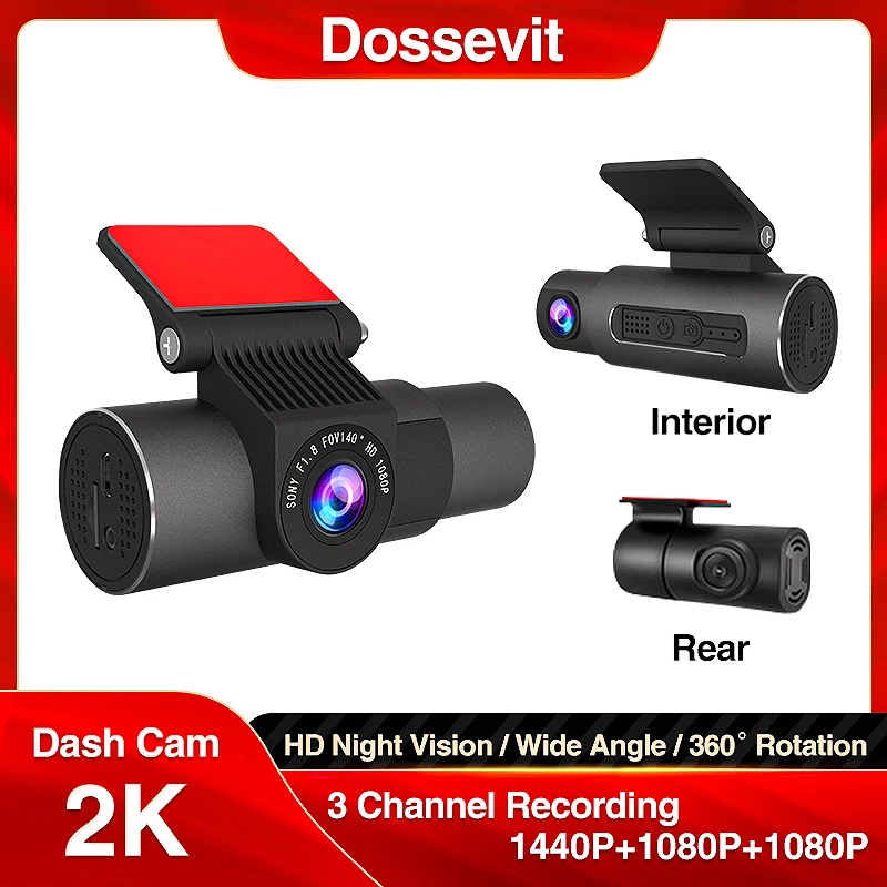 Dossevit Dash Cam 2K 1440P Wifi Car DVR Wide Angle Front & Interior & Rear Camera Recorder Night Vision 24H Parking Monitoring