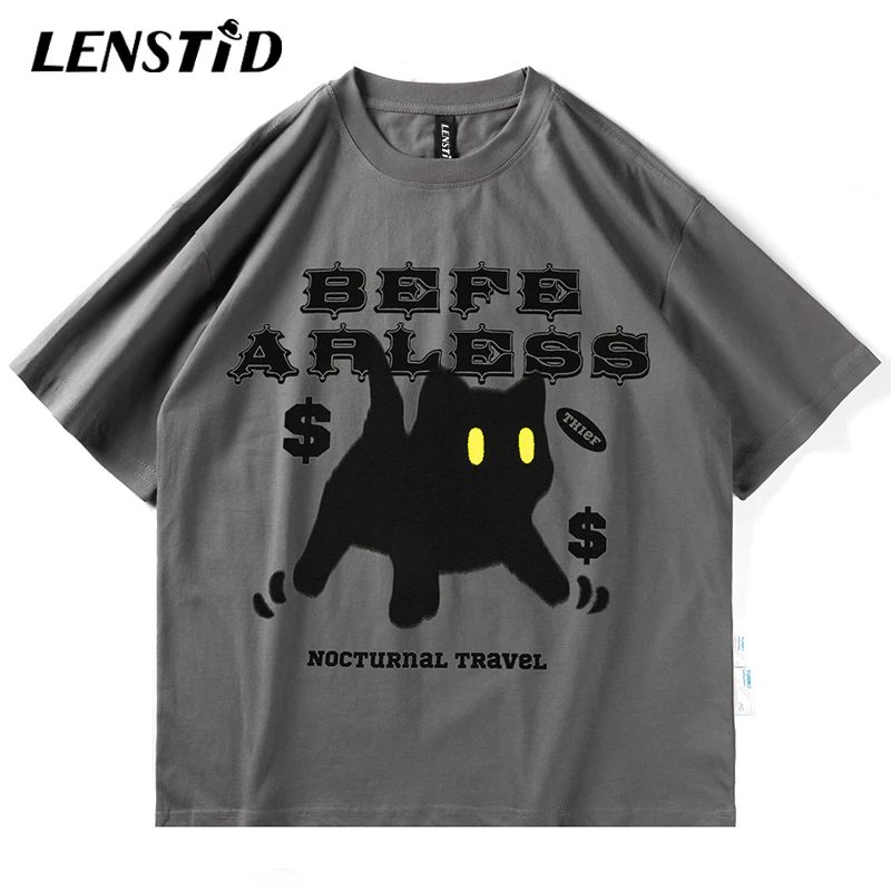 

LENSTID Summer Men Oversized Short Sleeve Tshirts Hip Hop Funny Cat Printed T-Shirts Streetwear Harajuku Casual Cotton Tops Tees