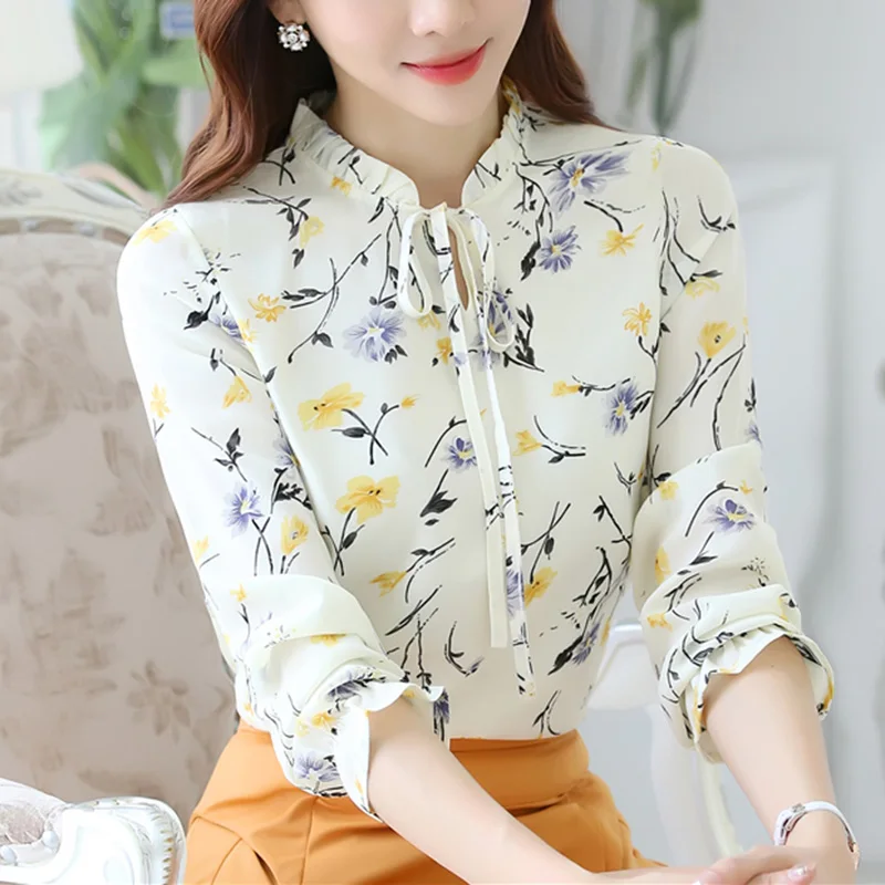 

New 2022 Spring Autumn Long Sleeved Women Chiffon Blouses Fashion Casual Print Ruffles Loose Office Lady Shirt