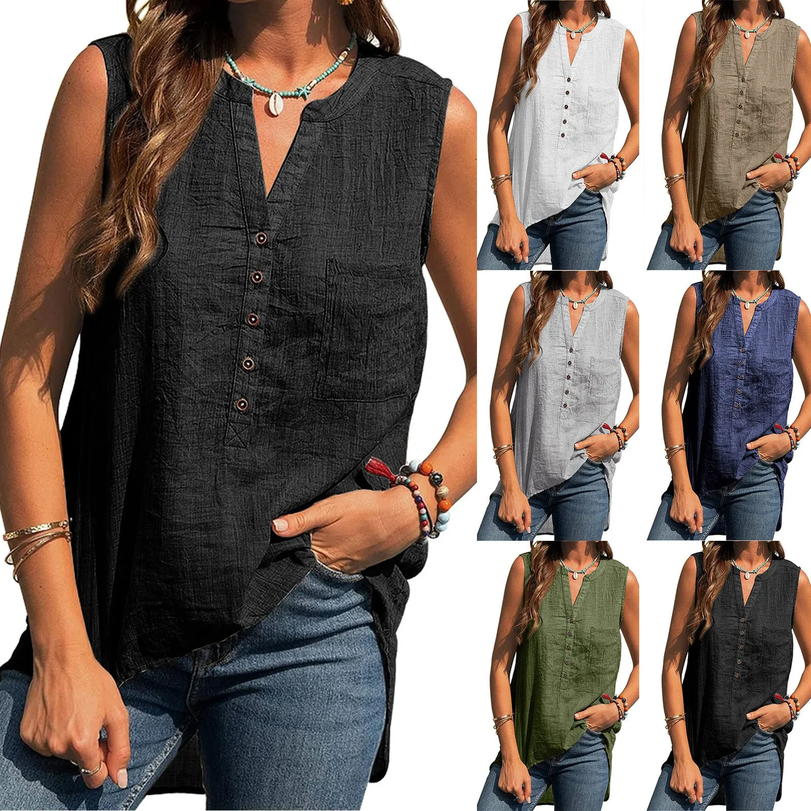 

Fashion Women's Vintage Women T-Shirt Casual Sleeveless V-Neck Button Loose T-Shirt 2022 Summer Tops