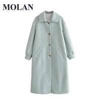 molan woman spring coat 2022 fashion vintage solid v neck singal breasted wollen long coat loose casual female chic outwear top