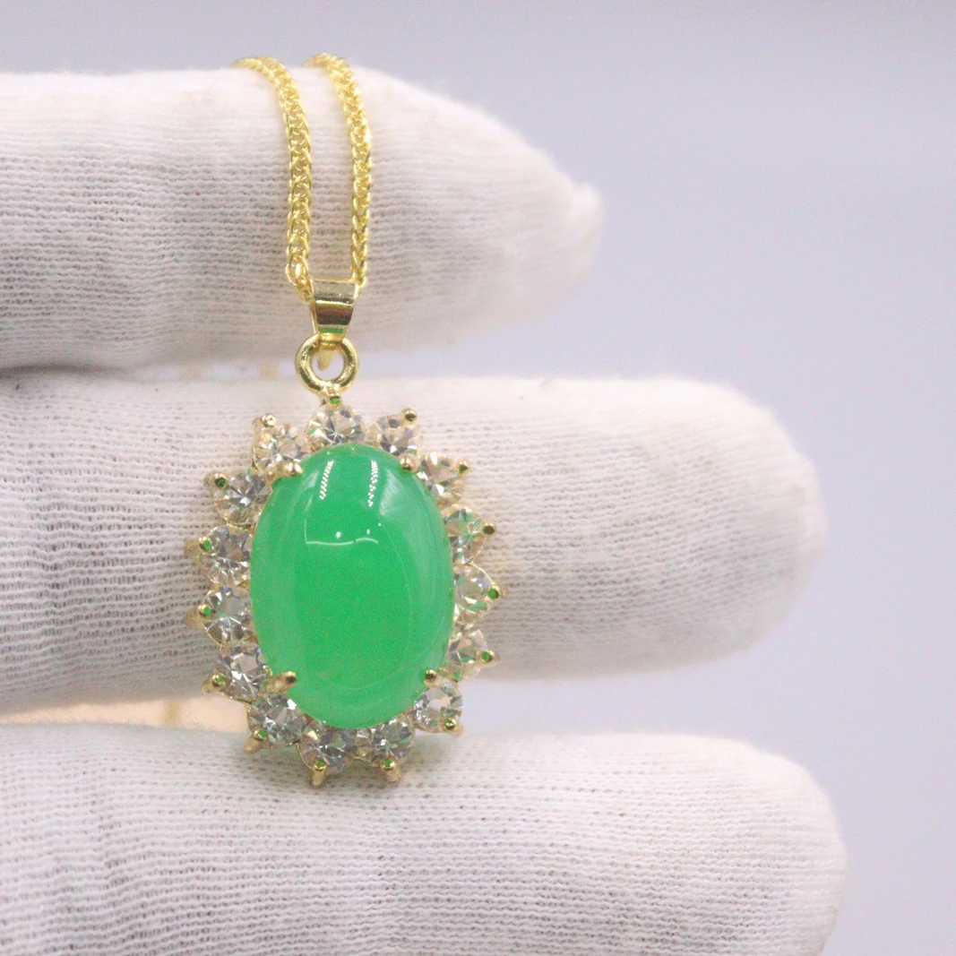 

Real Jade Gp Pendant 18K Gold Plated For Women Green Heating Jade Zircon Jewelry Alloy with Real Silver 925 Necklace