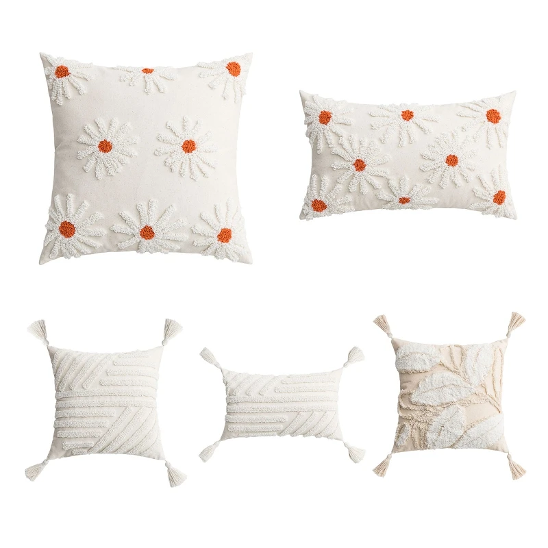 

R7RC Cushion Cover Decorative Nordic Floral Tufted Pillow Case Tassels Sofa Waist Pillowcase for Farmhouse Bedroom Living Room