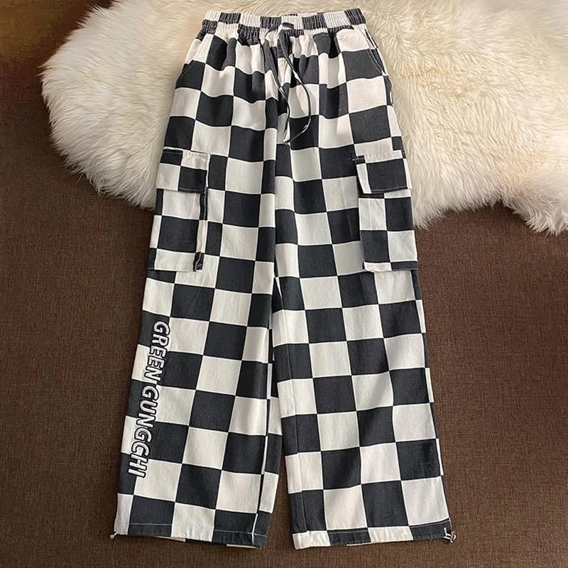 

Harajuku Checkerboard Wide Leg Pants Women Chic Drawstring Loose Casual Sport Pants Retro Khaki High Waist Overall Blue Trousers