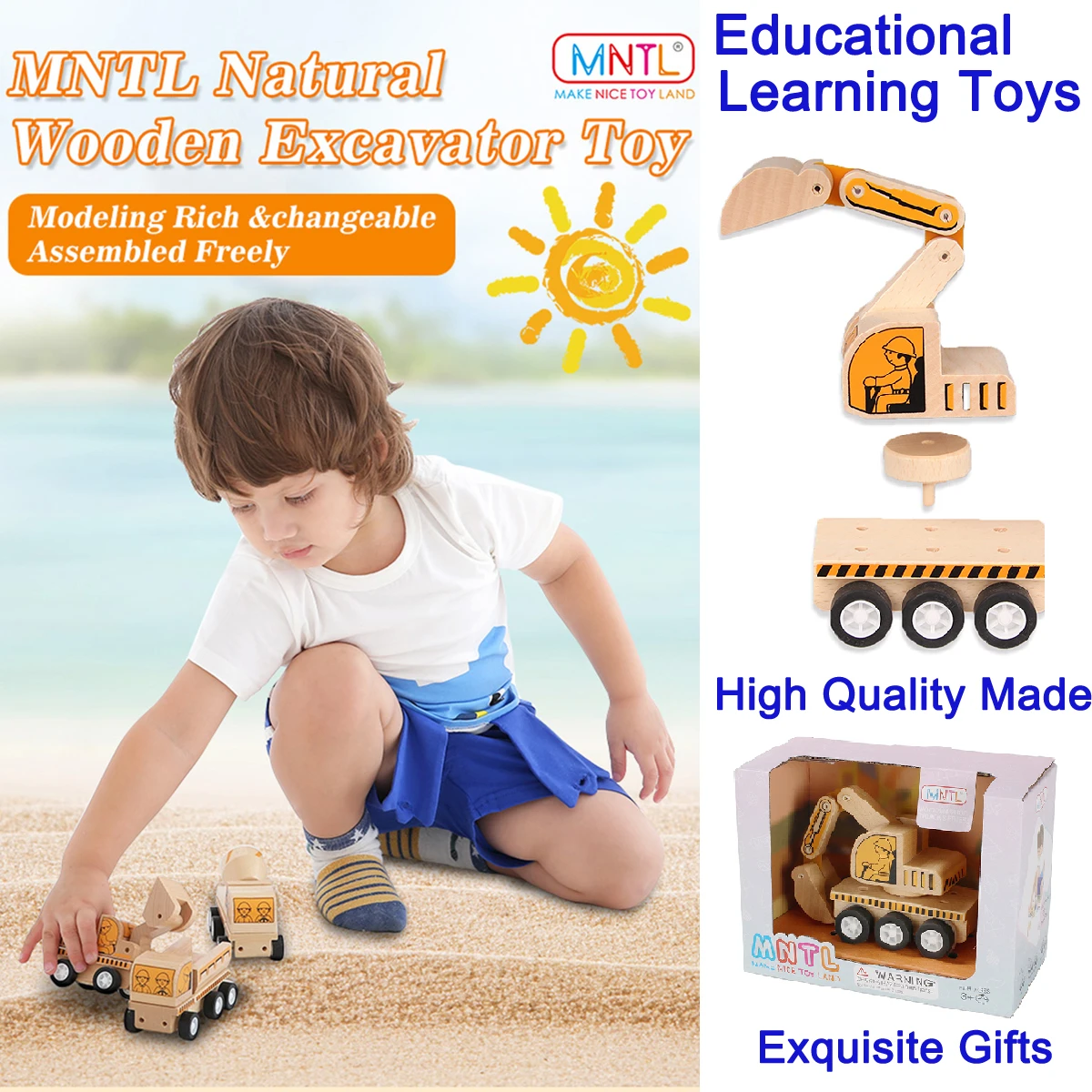 Деревянный экскаватор MNTL Обучающие игрушки грузовик автомобиль мальчик дети