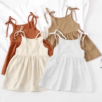 girls summer solid color cotton linen 2 side pocket sling dress lace up childrens sling dress