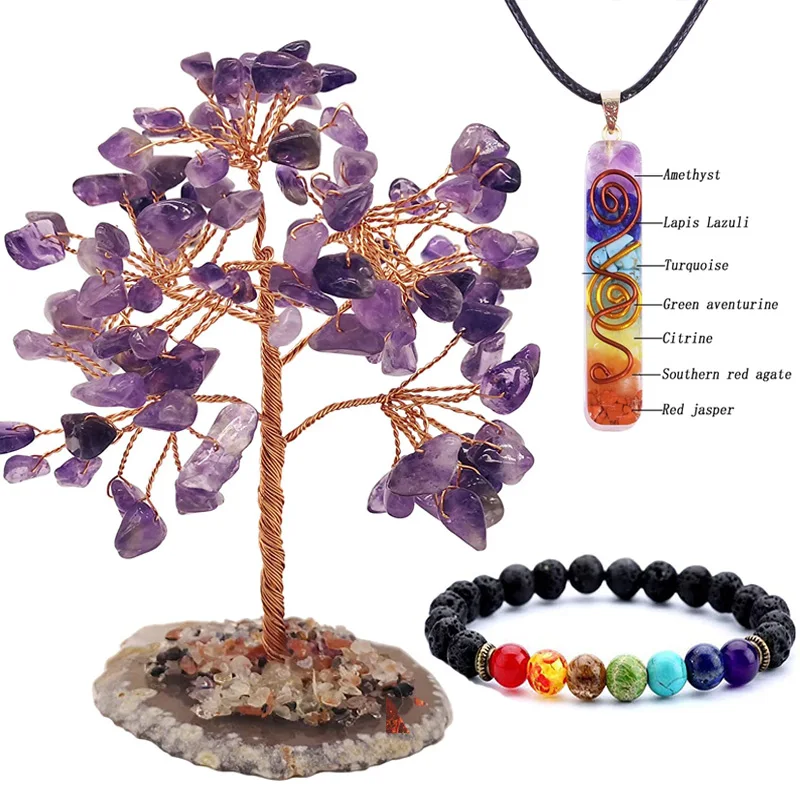 

7 Chakra Tree of Life Decoration Rose Natural Chip Crystal Handmade Healing Luck Money Trees Feng Shui Home Office Accessories