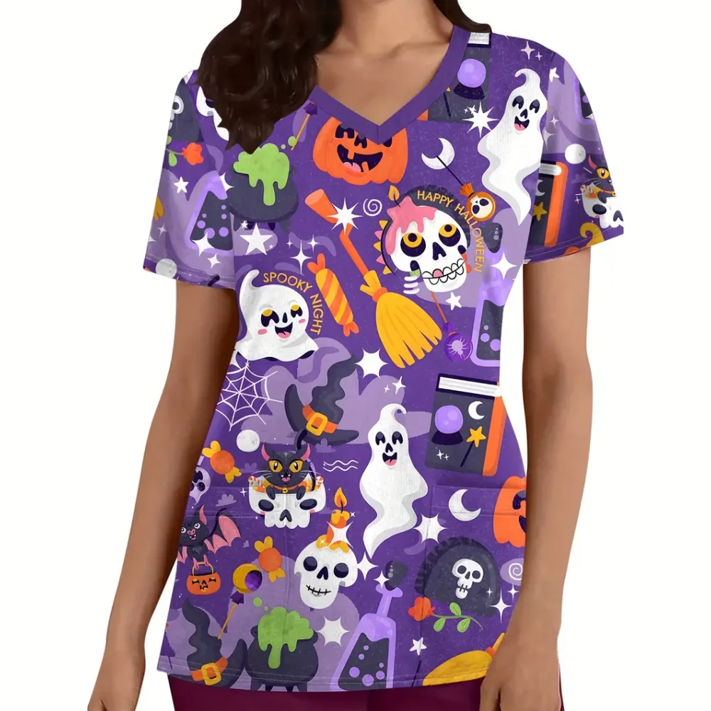 Хирургическая униформа женские топы для медсестры с принтами на Хэллоуин