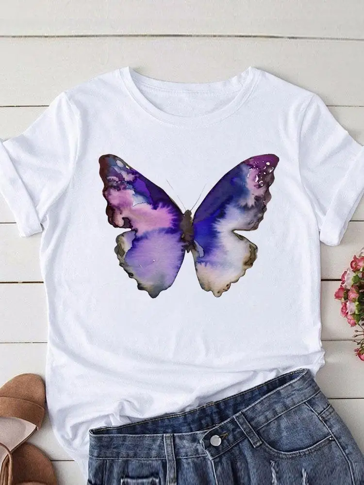 

Одежда с принтом, футболка с коротким рукавом, женская модная футболка с графическим рисунком, акварельная Милая трендовая одежда с бабочка...
