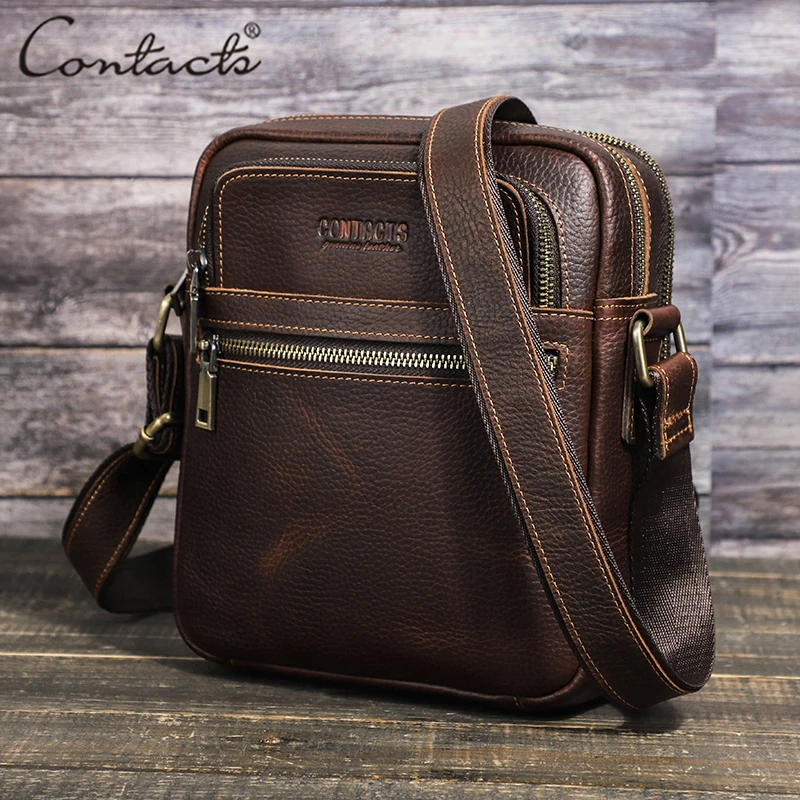 CONTACT'S Genuine Leather Men's Retro Messenger Bag Large Casual Crossbody Shoulder Bag For Male Satchel For 8.3'' IPAD Mini