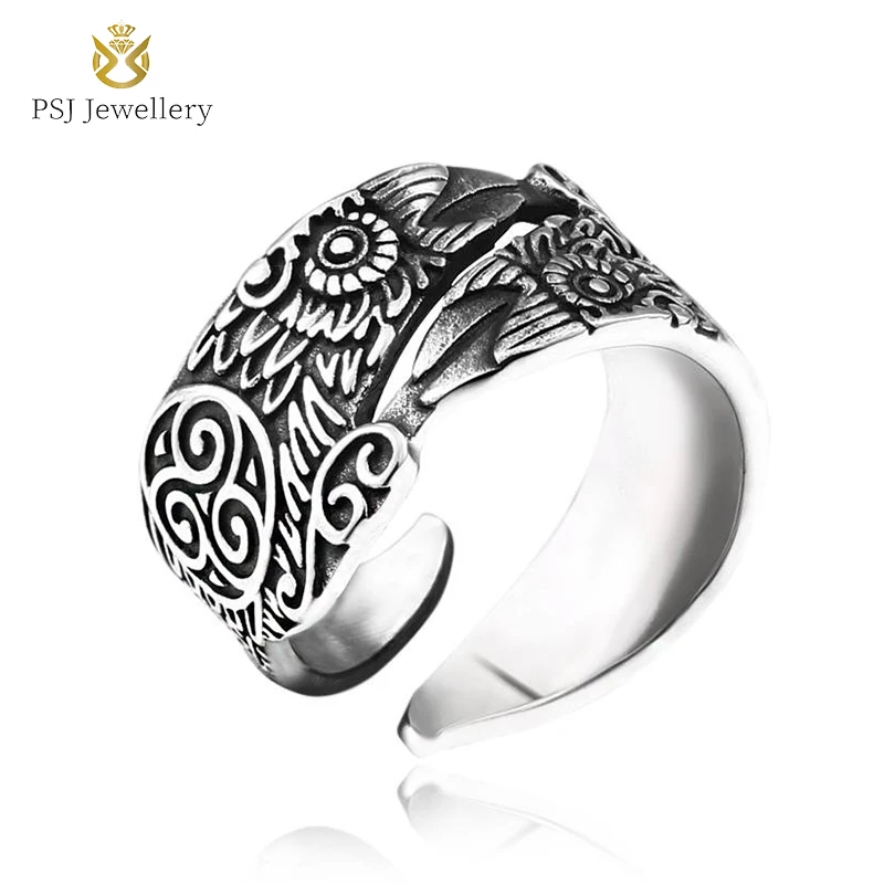 

PSJ Jewelry Fashion Vintage Viking Nordic Crow Design Open Band Titanium Stainless Steel Rings for Men