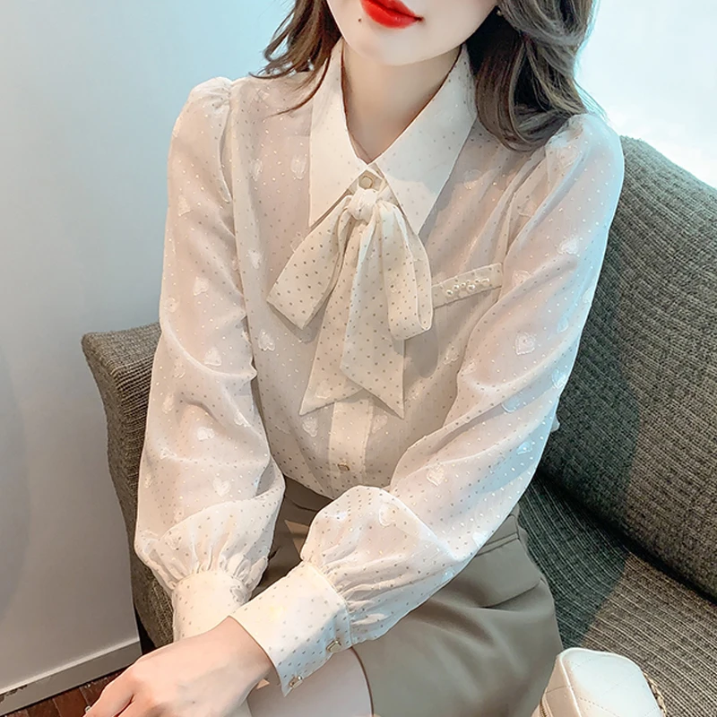 

New Office Lady Long Sleeve Elegant Women Shirt Fashion Printing Chiffon Bow Blouse Women White Buttons Female Clothing 24563