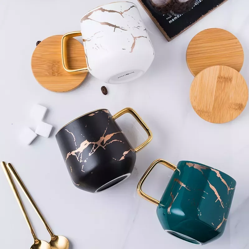 

Coffee Mug Breakfast Milk Mugs Beer Drink Marble Ceramic Glass Tea Cup Gold Plated Handle Wood Saucer Lid Drinkware Gift Cups