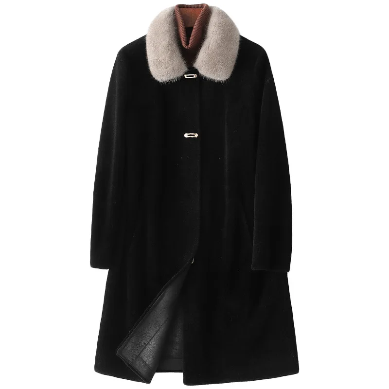 

Real Mink Wool Collar Sheep Sheared Fur Coat Women Autumn Winter Fashion New Thick Warm Fur Black Jacket Long Single Breasted