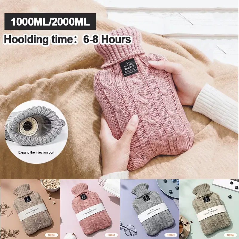 

2000ml Hot Water Bottle Solid Color PVC Silicone Thermos Soft Knitted Cover Removable And Washable Winter Hand Warmer Supplies