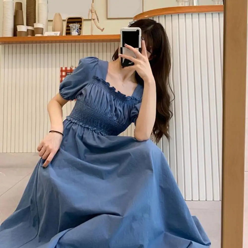 

Women Summer Dress Square Neck Bubble Sleeve Midi Dress Pleated Shirring Elastic Bust Short Sleeve A-line Dress