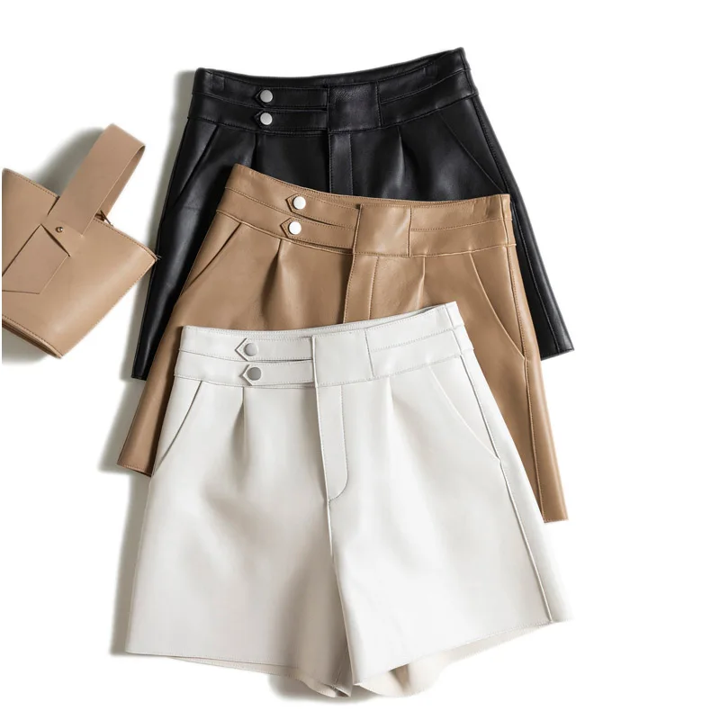 

New 2022 Mujer Spring/Summer Women 100% Genuine Leather Casual Shorts Female Sexy Pure White Wide Leg Boots Mini Shorts Pants