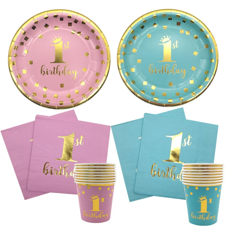 Сине-розовые бумажные салфетки для 1-го дня рождения тарелки чашек скатерть стола