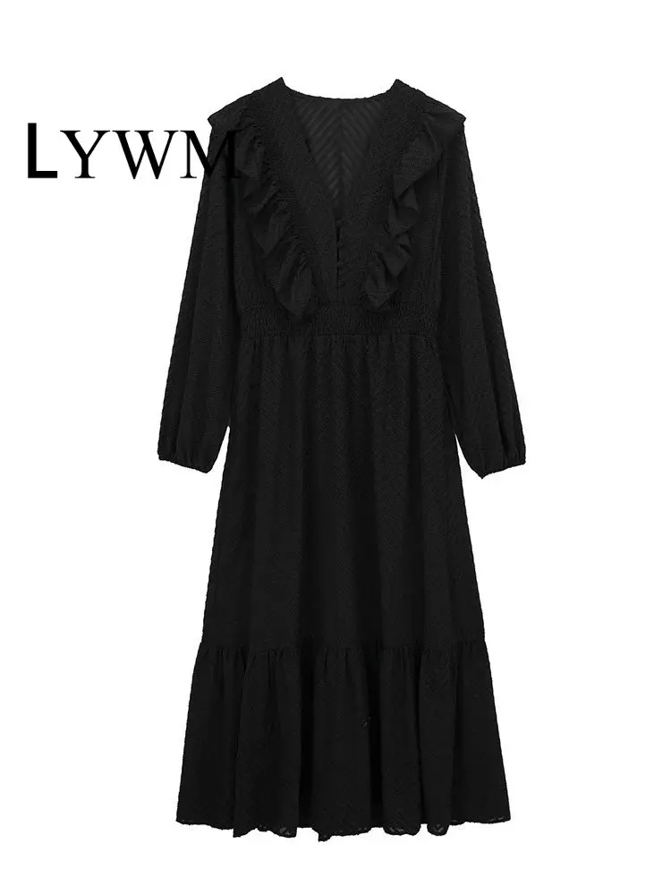 

LYWM Women Fashion Black Tulle Ruffled Midi Dress Vintage V-Neck Long Sleeves Female Chic Lady Dresses
