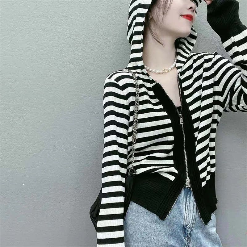 

EBAIHUI Striped Hooded Knitted Thin Cardigan Women Spring Summer Korean Casual Solid Double Zipper Short Sweater Jacket Women