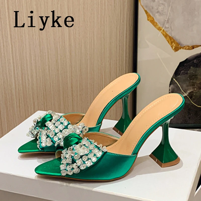 

Liyke 2023 Crystal Butterfly-Knot Satin Women's Strange High Heels Slippers Elegant Pointed Toe Mules Sildes Party Prom Shoes