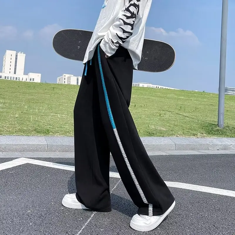 

Autumn Sweatpants Men Trend Patchwork Color Striped Skateboard Pants Straight Casual Wide-leg Mopping Trousers Black/Blue