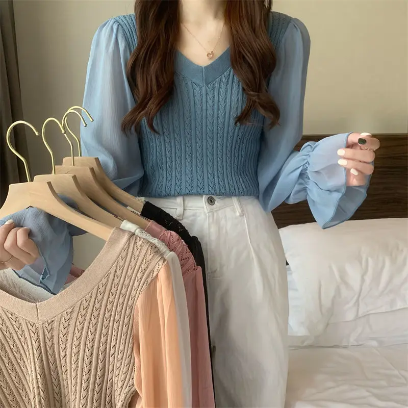 

Streetwear T Shirts Party Ropa De Mujer Solid Color Y2k Tops Harajuku Women V Neck Flare Sleeve Patchwork Fashion Clothing Tees