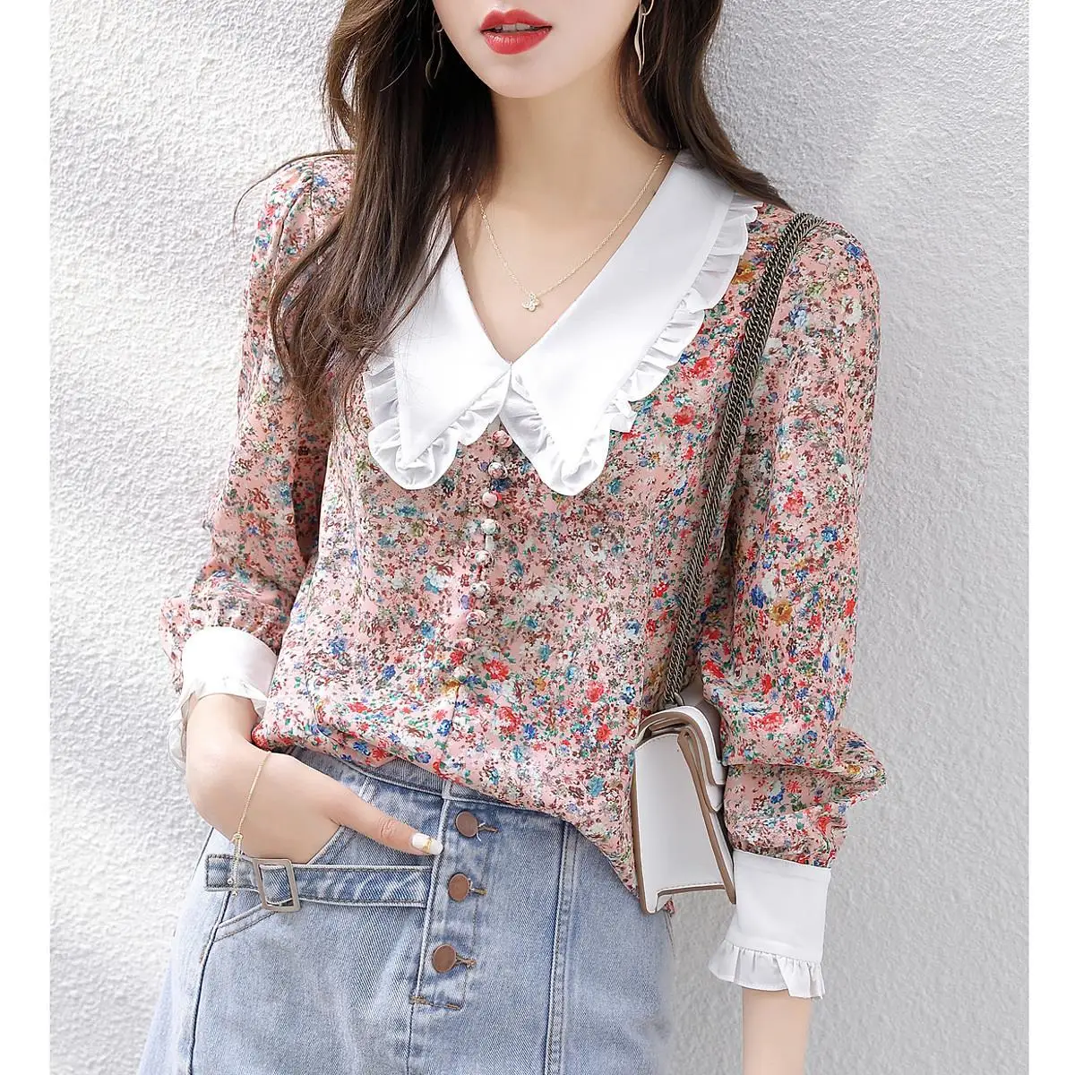 

Pure Tops Trendy Retro Basic Korean Style Women's Blouses Casual Female Floral Print Ladies Shirts Classy Full Sleeve K01
