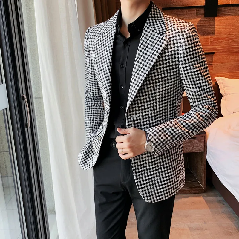 Man Brand Luxury Casual Fashion Jacquard Elegant Plaid Blazer Jacket Party Stylish Trendy Suit Coat Men's Clothes A13