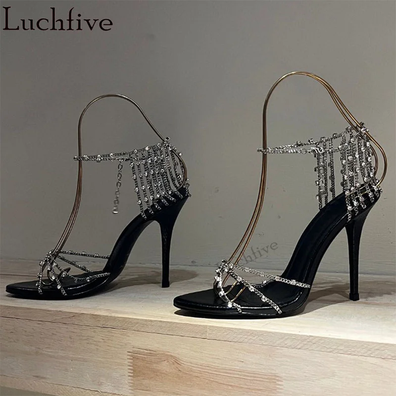 

2023 Summer New Crystal Chain High Heel Sandals Women Luxury Designer Pumps Woman Summer Sexy Gladiator Brand Party Shoes Mujer