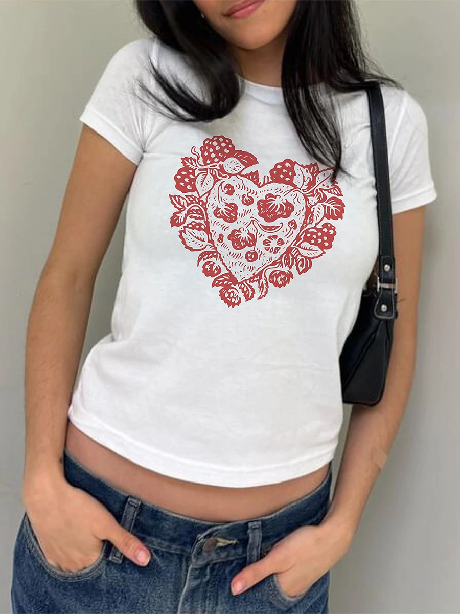 Женская футболка с цветочным принтом коротким рукавом и круглым вырезом