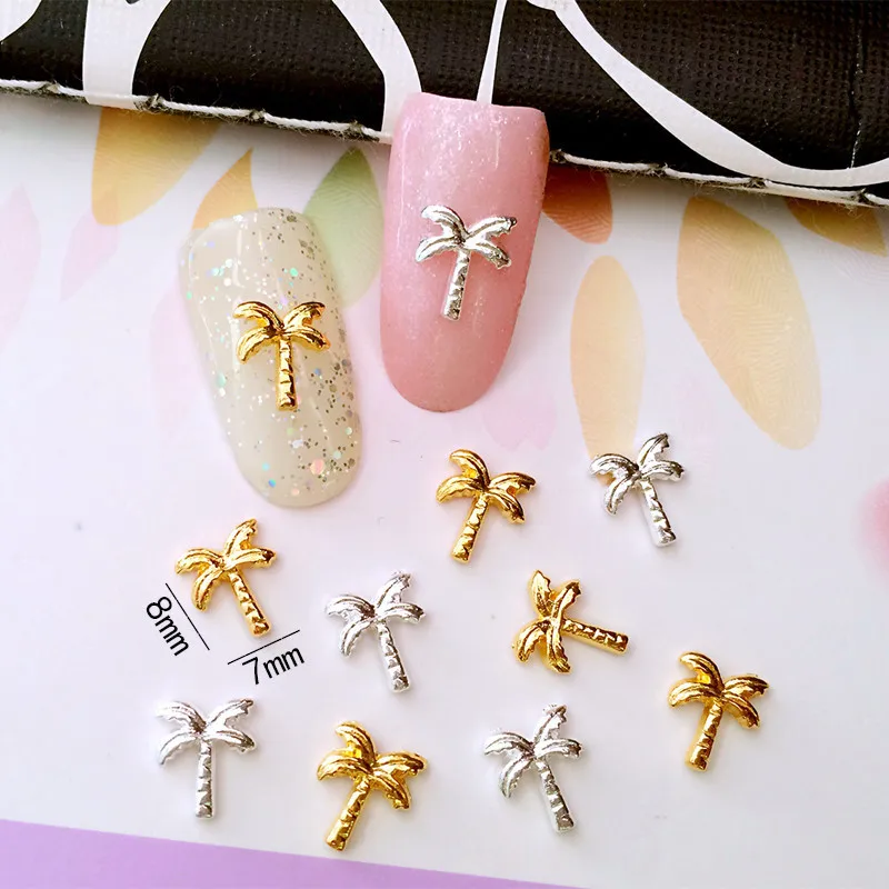 

100 Pcs Summer Coconut Tree Gold Plated Metal Alloy Charms 3D Salon Acrylic Nail Art
