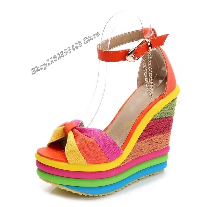 

Colorful Weave Wedges Heel Platform Sandals Bow Peep Toe Buckle Strap Women Shoes 2023 Summer Fashion Sexy Zapatos Para Mujere