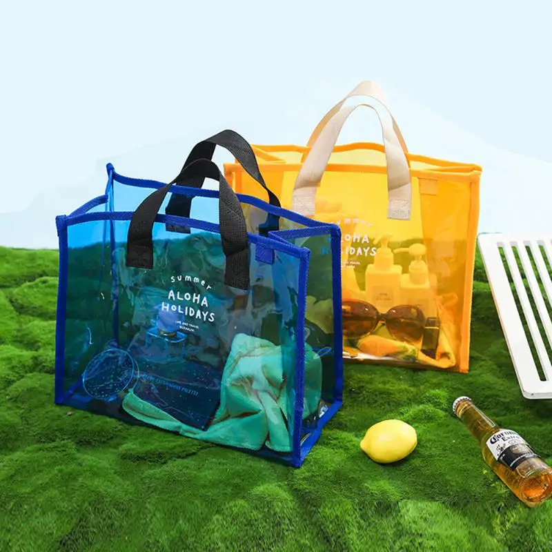 

High Quality Swimming Bag Colorful Pvc Handbag 50 Silk Thickness Beach Bags Mesh Transparent Beach Bags Snap Closure Clear