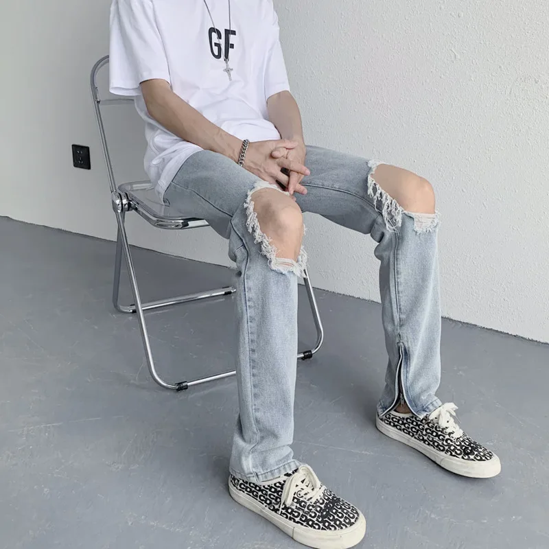 Summer Blue Black Ripped Jeans Men Fashion Casual Straight Jeans Men Streetwear Loose Hip Hop Hole Denim Pants Mens Trousers