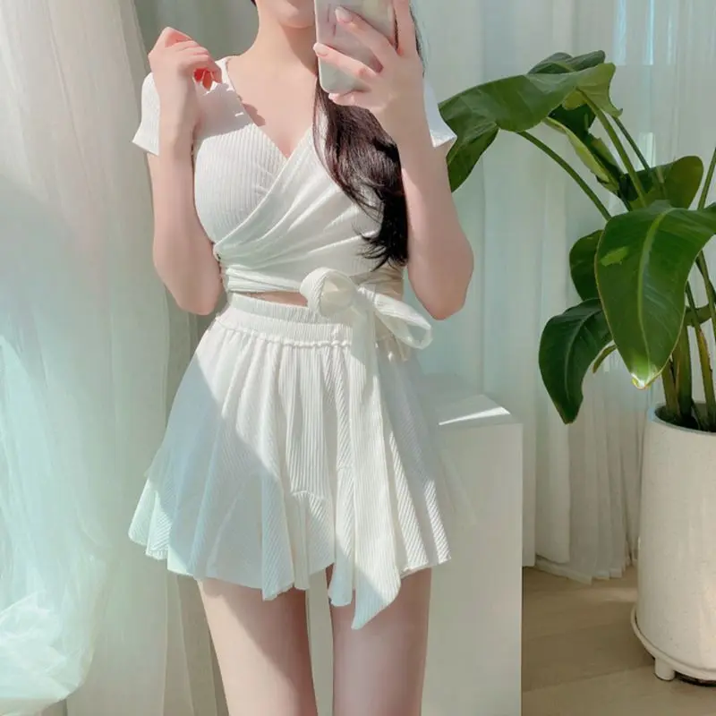 

Wisuwore Two Pieces Swimsuits V Neck Bathing Suit with Skirt Short Sleeve Plus Size Swimwear Clothing High Waist Beachwear 2022