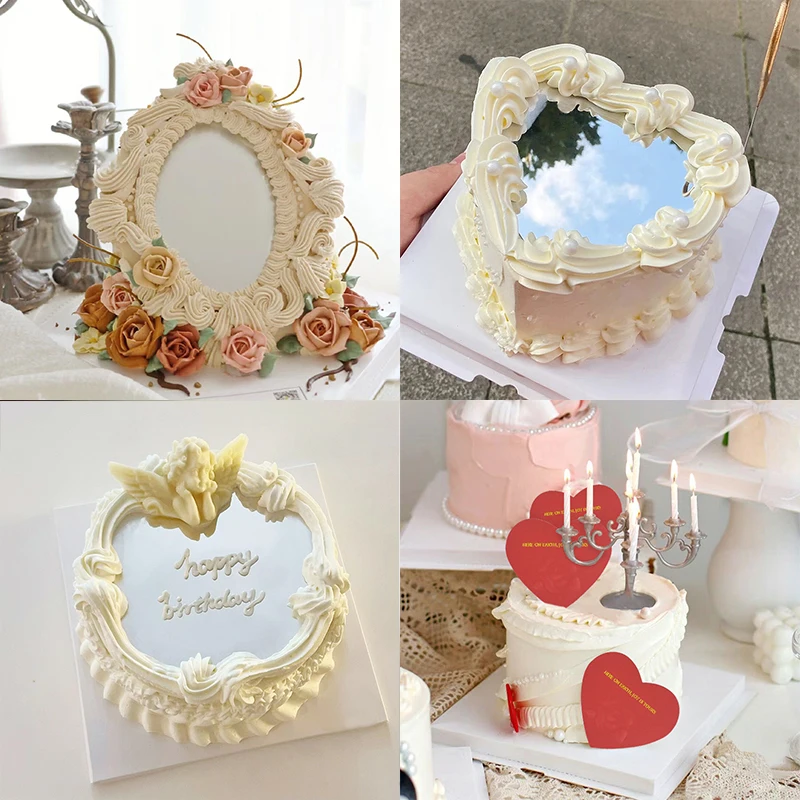 

Round Mirror Acrylic Cake Topper Red Silver Heart Shape Cake Disc Tray Birthday Wedding Party Baking Tool DIY Dessert Decoration