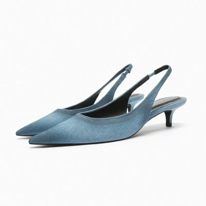 

TRAF Blue Flats Denim Heels For Women Fashion Summer Kitten Heel Pumps Office Lady Heeled Slingbacks Casual Pointed Toe Stiletto