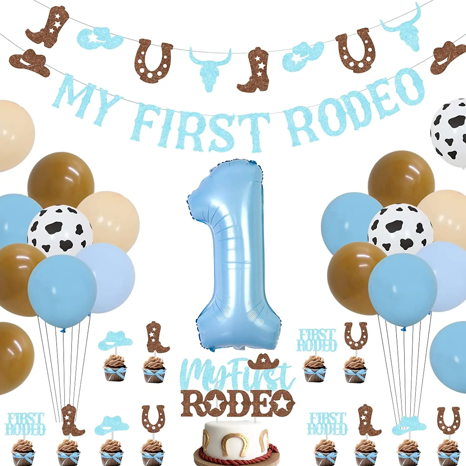 

My First Rodeo Party Decorations Boy Blue Cowboy 1st Birthday Supplies with Glitter Banner Garland Cupcake Topper Balloon 1 Year