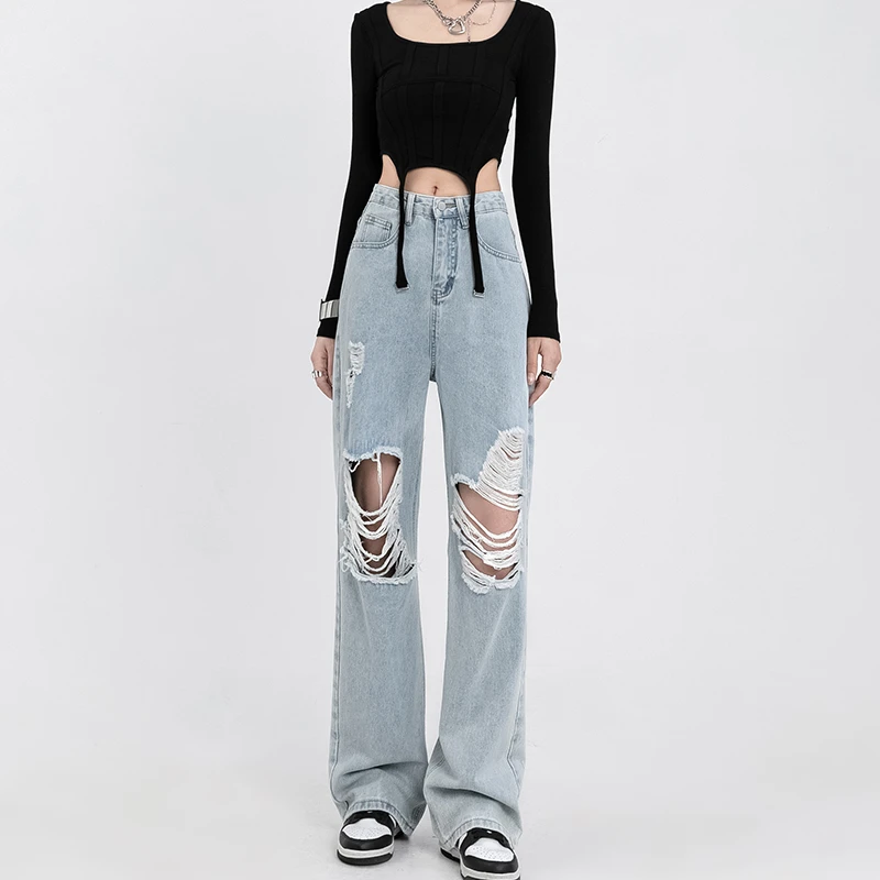 

Summer light blue Hole Wide Leg jeans Women High Waist Streetwear mopping Beggar Denim Pants Woman Baggy ripped jean trousers