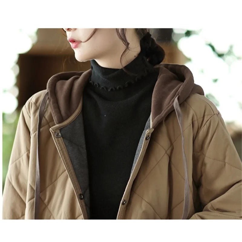New Cotton Coats Famale Clothing Thicken Diamond Lattice Hooded Quilted Winter Jacket Women 2022 Solid Loose Long Padded Parkas