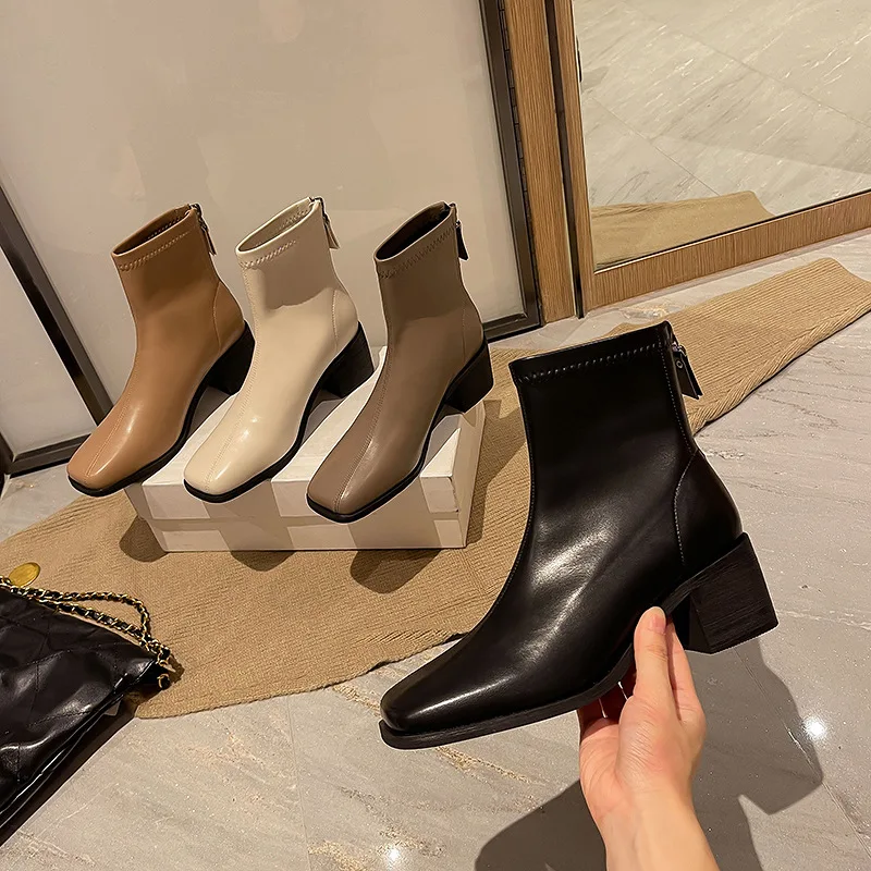 

Back Zip Women Boots High Heels Zipper Winter Footwear Autumn Shoes Boots-Women Stiletto 2022 Ladies Leather Rubber White Ankle